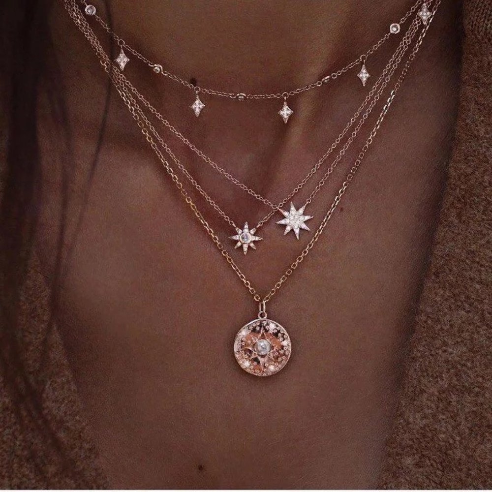Gold Multichain Boho Crystal Stars Gem Necklace